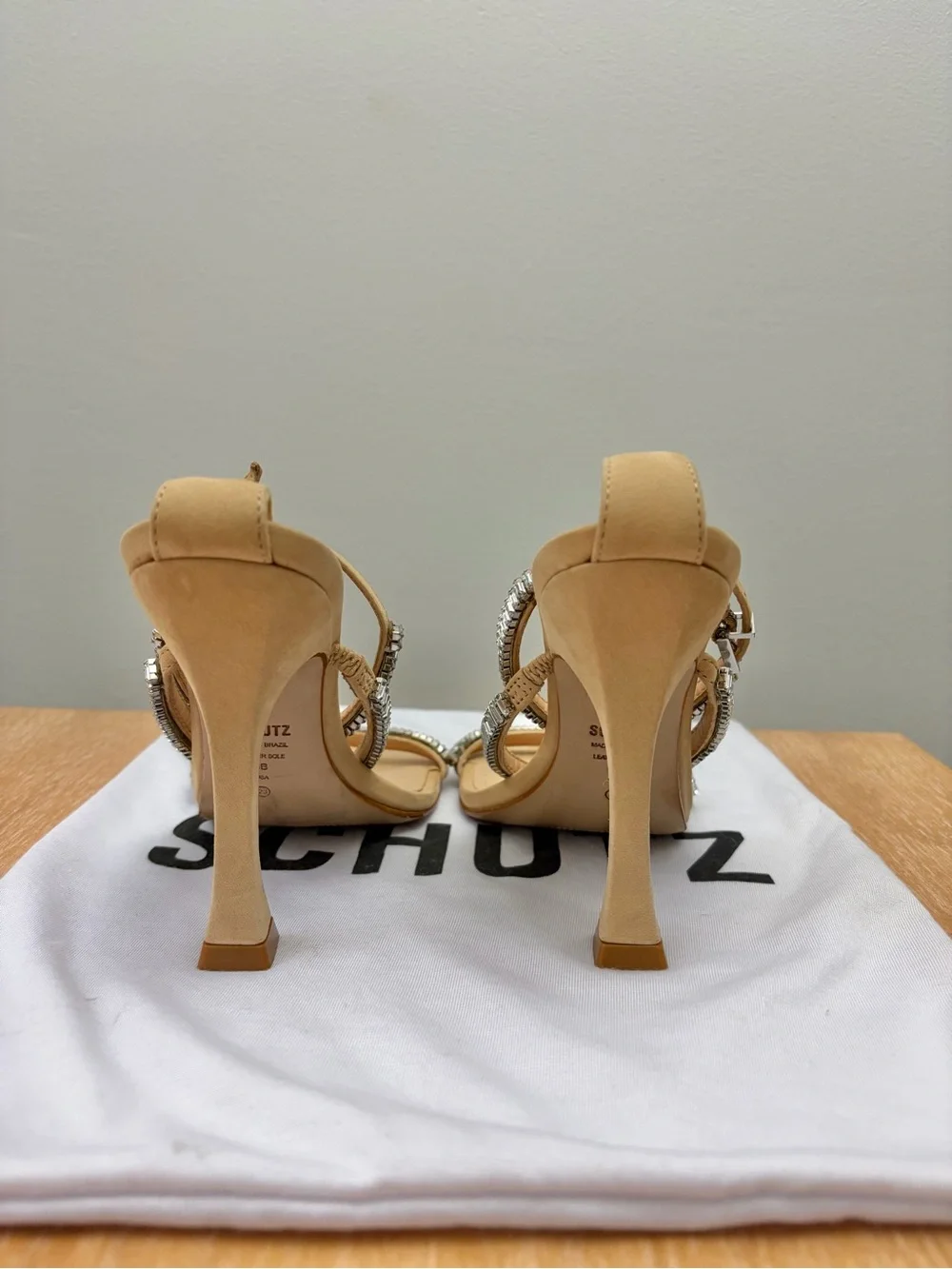 SCHUTZ Nude Strappy Heels with Silver Crystal Accents in Shoe Bag